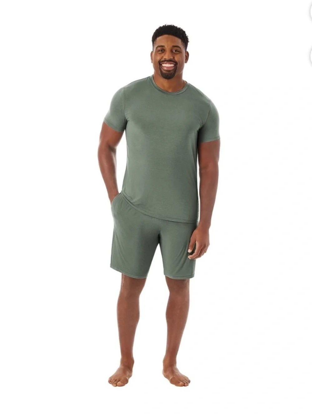 Men's Short Sleeve Undershirt & Shorts Pajama Set in Olive Green